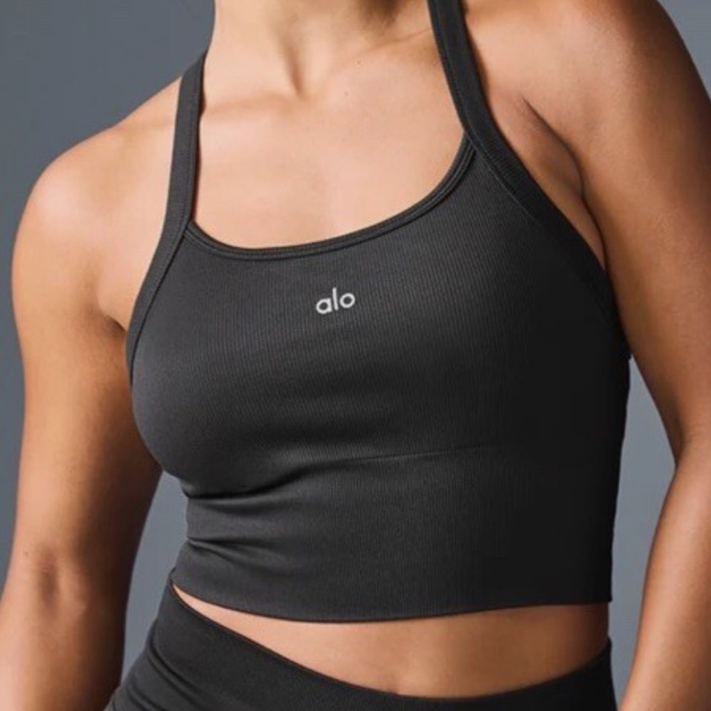Alo Yoga Seamless Ribbed Favorite Sports Bra Tank Top Black Logo Size Small - Picture 3 of 11